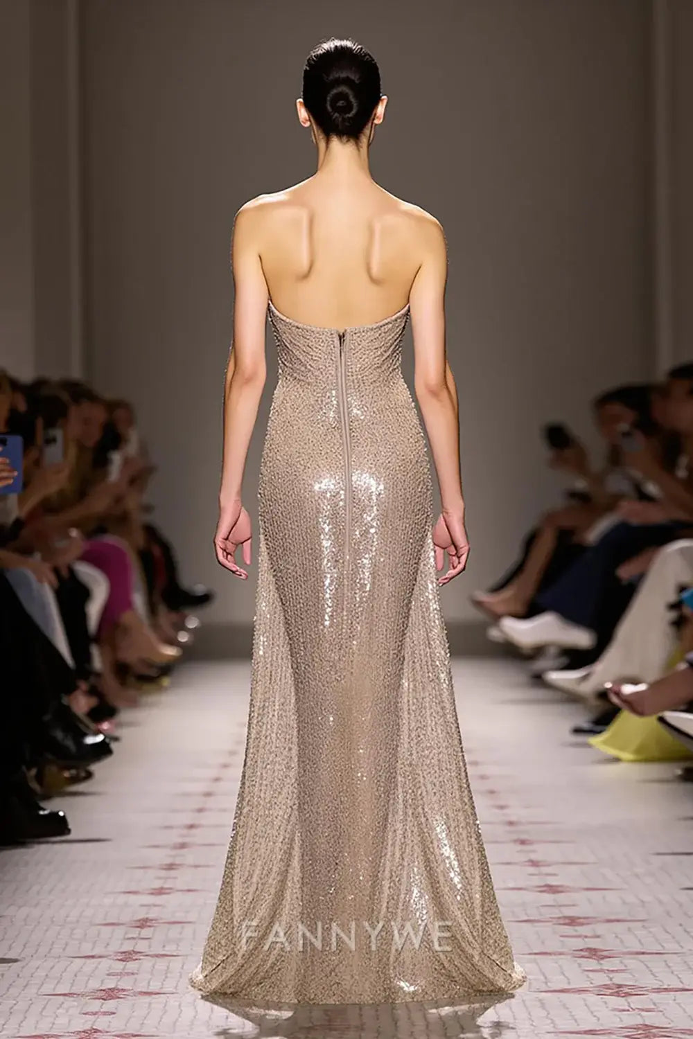 FannyWe Simple Sparkly Champagne Strapless Backless Long Sequin Evening Dress